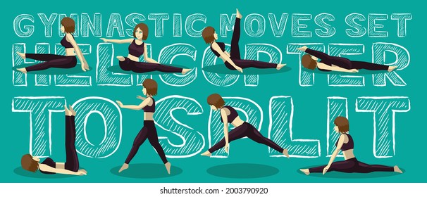 Gymnastic Moves Set Helicopter to Split Manga Cartoon Vector Illustration