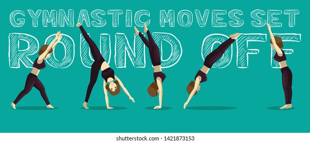 Gymnastic Moves Set Round Off Manga Cartoon Vector Illustration