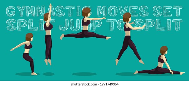 Gymnastic Moves Set Split Jump to Split Manga Cartoon Vector Illustration