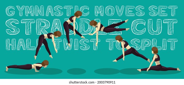 Gymnastic Moves Set Straddle Cut Half Twist to Split Manga Cartoon Vector Illustration