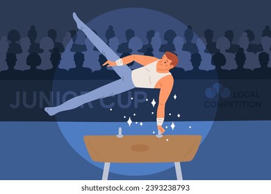 Gymnastic performance. Male athlete on sports equipment. Acrobatic competitions. Junior championship. Man showing exercise for tournament audience. Gymnast at light