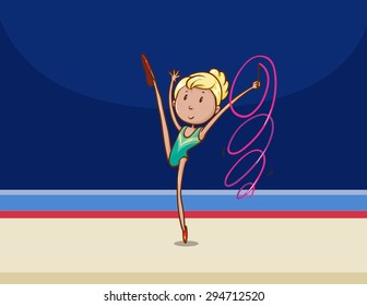 Gymnastic playing ribbon in the gym