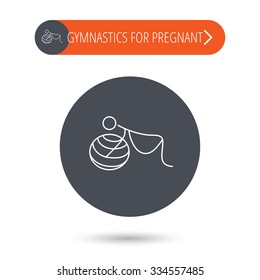 Gymnastic for pregnant icon. Pilates fitness sign. Sport workout symbol. Gray flat circle button. Orange button with arrow.