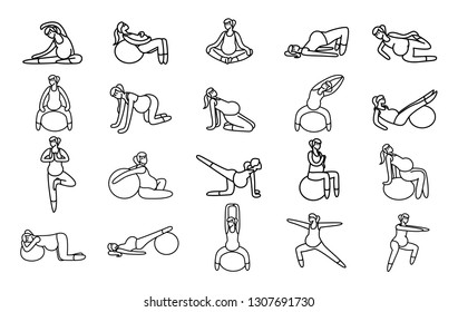 Gymnastic For Pregnant Icon Set. Set Of 20 Yoga Poses For Pregnant Women. Prenatal Exercise. Fitness Healthy Lifestyle. Vector Illustration.