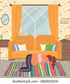 Gymnastic for pregnant woman. Pregnancy preparing flat illustration. Birth active position standing on all fours. Girl does prenatal exercises on the floor on carpet near couch in living room interior