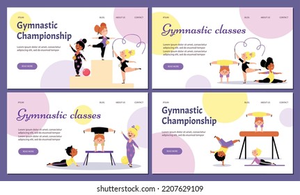 Gymnastic rhythmic kids classes cartoon vector set. Olympic games sport for little preschool girls and boys. Black, Hispanic and White kids artistic acrobatics competition, banner for website.