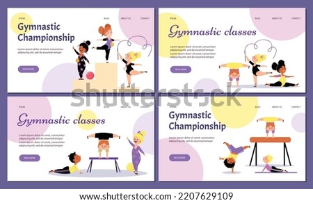 Gymnastic rhythmic kids classes cartoon vector set. Olympic games sport for little preschool girls and boys. Black, Hispanic and White kids artistic acrobatics competition, banner for website.