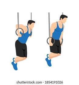 Gymnastic ring dips exercise. Flat vector illustration isolated on white background. Workout character