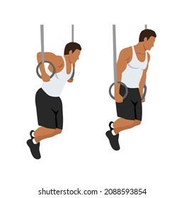 Gymnastic ring dips exercise. Flat vector illustration isolated on white background. Workout character