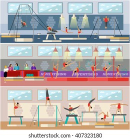 Gymnastic sport competition arena interior vector illustration. Sportsman flat icons. Artistic and rhythmic gymnast exercise.