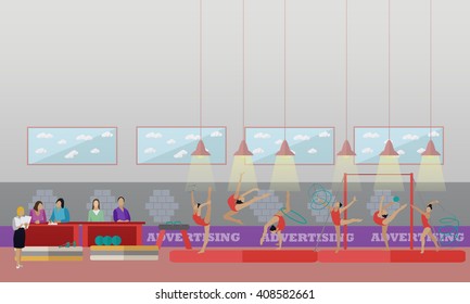 Gymnastic sport competition arena interior vector illustration. Sportsman flat icons. Artistic and rhythmic gymnast exercise.