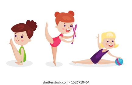 Gymnastic And Stretching Exercises By Three Little Talented Girls Vector Illustration Set Isolated On White Background