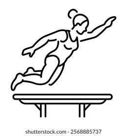 A gymnastic woman doing springboard jump icon in line style 