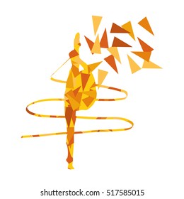 Gymnastic woman with ribbon vector background illustration concept made of polygonal fragments isolated on white
