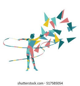 Gymnastic woman with ribbon vector background illustration concept made of polygonal fragments isolated on white