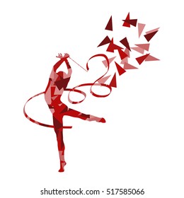 Gymnastic woman with ribbon vector background illustration concept made of polygonal fragments isolated on white