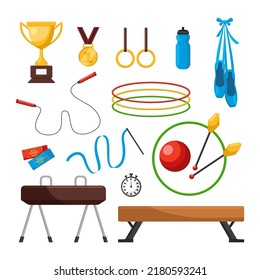 Gymnastics accessories or elements vector illustrations set. Cartoon drawings of gymnastic equipment, rings, ball, mace, gold cup and medal isolated on white background. Gymnastics, sports concept