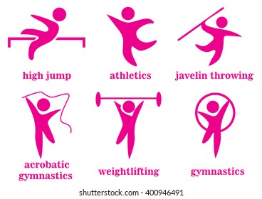 gymnastics, acrobatic gymnastics, weightlifting, high jump, athletics, javelin throwing, sport icons 