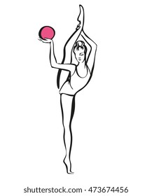 Gymnastics athlete performing exercise with ball. Hand drawn vector illustration in line style. Silhouette or graphic image for postcard, poster, home decor. For sport studio, banner, flyer.

