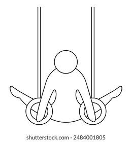 Gymnastics. An athlete performs an exercise on gymnastic rings. Sketch. Vector icon. An athlete tightens his legs while hanging on a sports apparatus. Isolated white background. Coloring book.