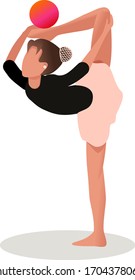 Gymnastics with the ball. A popular sport in physical education. Graphic drawing. The girl does acrobatic exercises. Close-up.