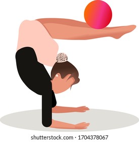Gymnastics with the ball. A popular sport in physical education. Graphic drawing. The girl does acrobatic exercises. Close-up.