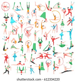 Gymnastics and ballet big set including dancers trapeze artists acrobats girls with sports tools isolated vector illustration 