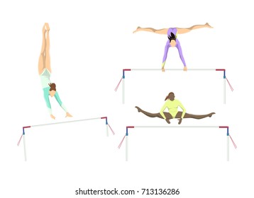 Gymnastics with bars. Athletes in uniform on white background.