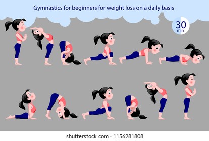 Gymnastics for beginners for weight loss on a daily basis. Young girl doing complex of fitness and yoga exercises. Vector illustration