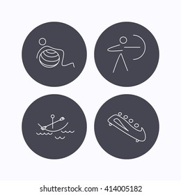 Gymnastics, boating and archery icons. Bobsled linear sign. Flat icons in circle buttons on white background. Vector