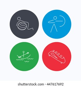 Gymnastics, boating and archery icons. Bobsled linear sign. Linear icons on colored buttons. Flat web symbols. Vector