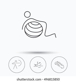 Gymnastics, boating and archery icons. Bobsled linear sign. Linear icons in circle buttons. Flat web symbols. Vector
