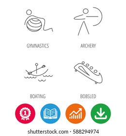 Gymnastics, boating and archery icons. Bobsled linear sign. Award medal, growth chart and opened book web icons. Download arrow. Vector
