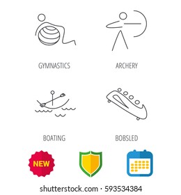Gymnastics, boating and archery icons. Bobsled linear sign. Shield protection, calendar and new tag web icons. Vector