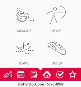 Gymnastics, boating and archery icons. Bobsled linear sign. Edit document, Calendar and Graph chart signs. Star, Check and House web icons. Vector