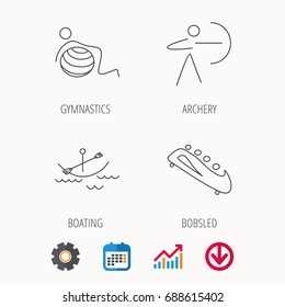 Gymnastics, boating and archery icons. Bobsled linear sign. Calendar, Graph chart and Cogwheel signs. Download colored web icon. Vector