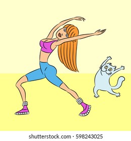 gymnastics with the cat. standing exercises. yellow background. vector illustration