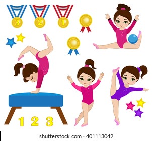 Gymnastics cute girls set. Vector illustration.