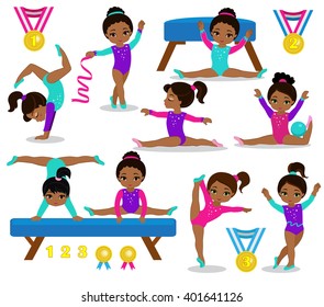 Gymnastics cute multicultural  girls set. Vector illustration.