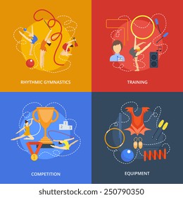Gymnastics design concept set with rhythmic training competition equipment flat icons isolated vector illustration