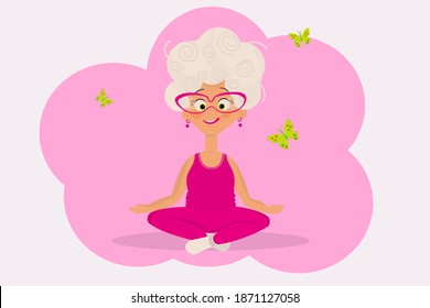 Gymnastics for the elderly. Grandma is doing yoga exercises. An older woman leads an active lifestyle. Leisure of a pensioner