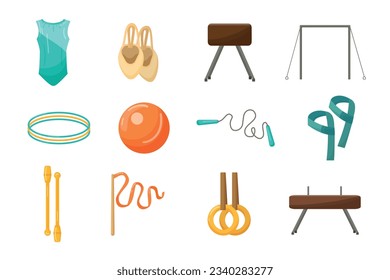 Gymnastics equipment icons set cartoon vector. Gym practice. Workout training