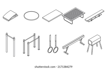 Iconos de equipos de gimnasia. Conjunto isométrico de equipos de gimnasia iconos vectoriales contorno aislado en fondo blanco