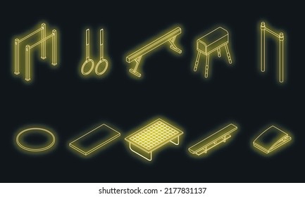 Gymnastics equipment icons set. Isometric set of gymnastics equipment vector icons neon on black