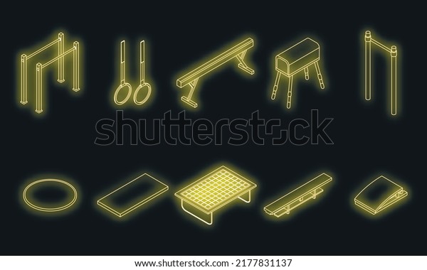 Gymnastics equipment icons set.\
Isometric set of gymnastics equipment vector icons neon on\
black