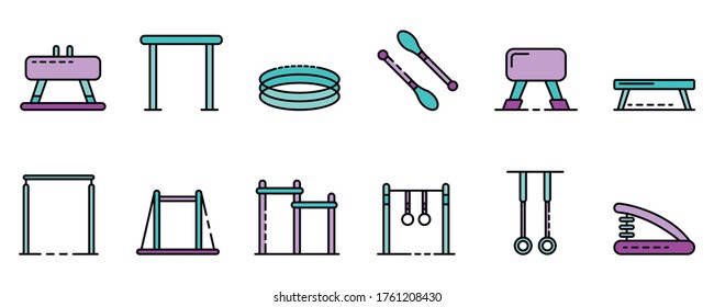 Gymnastics equipment icons set. Outline set of gymnastics equipment vector icons thin line color flat on white