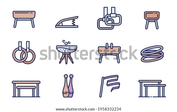 Gymnastics equipment icons set. Outline set of\
gymnastics equipment vector icons for web design isolated on white\
background