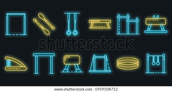 Gymnastics equipment icons set.\
Outline set of gymnastics equipment vector icons neon color on\
black