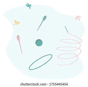 Gymnastics Equipment. Rhythmic Gymnastic with Hoop, Maces, Ribbon and Ball. Birds on background. Vector Flat Illustration.