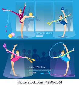 Gymnastics girls banner professional sports athlete women games free callisthenics gymnastics school vector illustration 